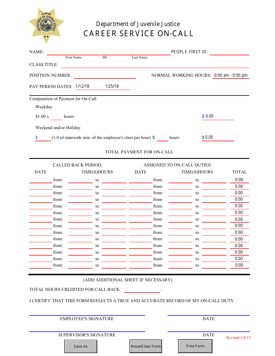 Career Service on-Call Form - Florida, Page 1