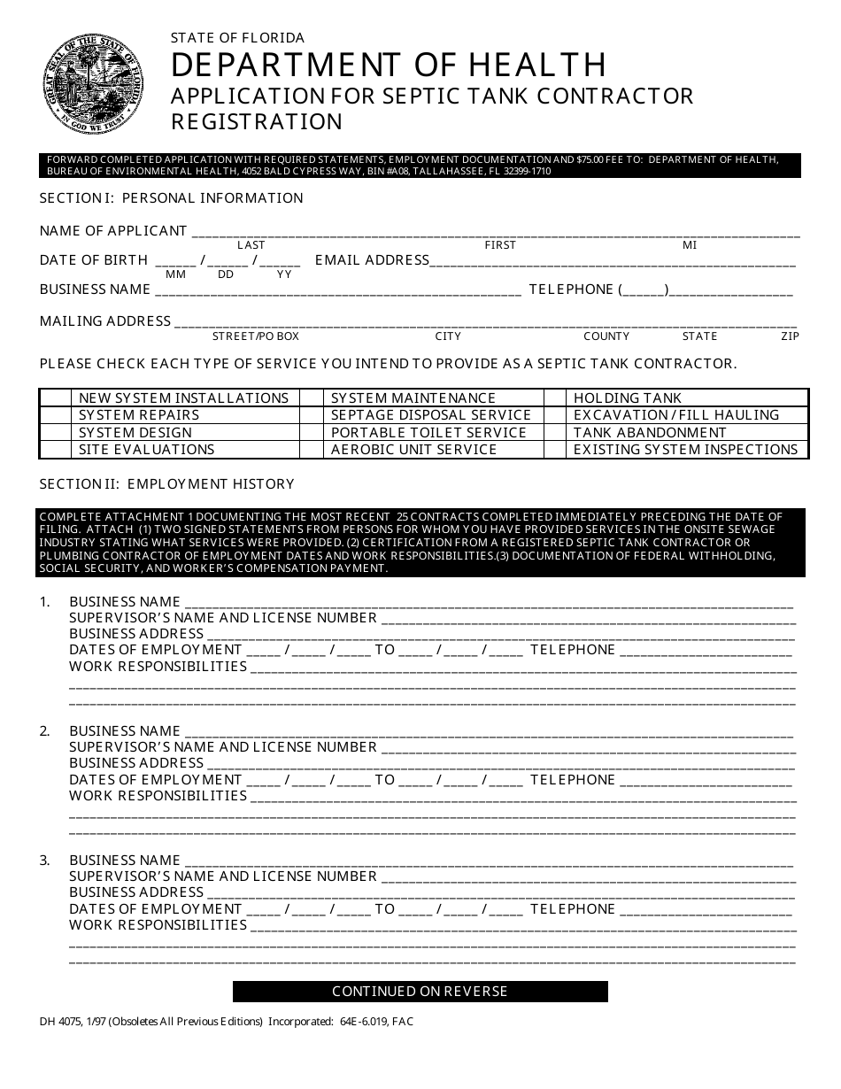 Form DH4075 Application for Septic Tank Contractor Registration - Florida, Page 1