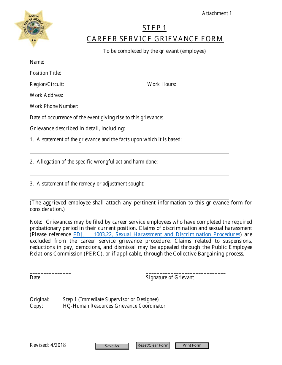 Attachment 1 Step 1 Career Service Grievance Form - Florida, Page 1