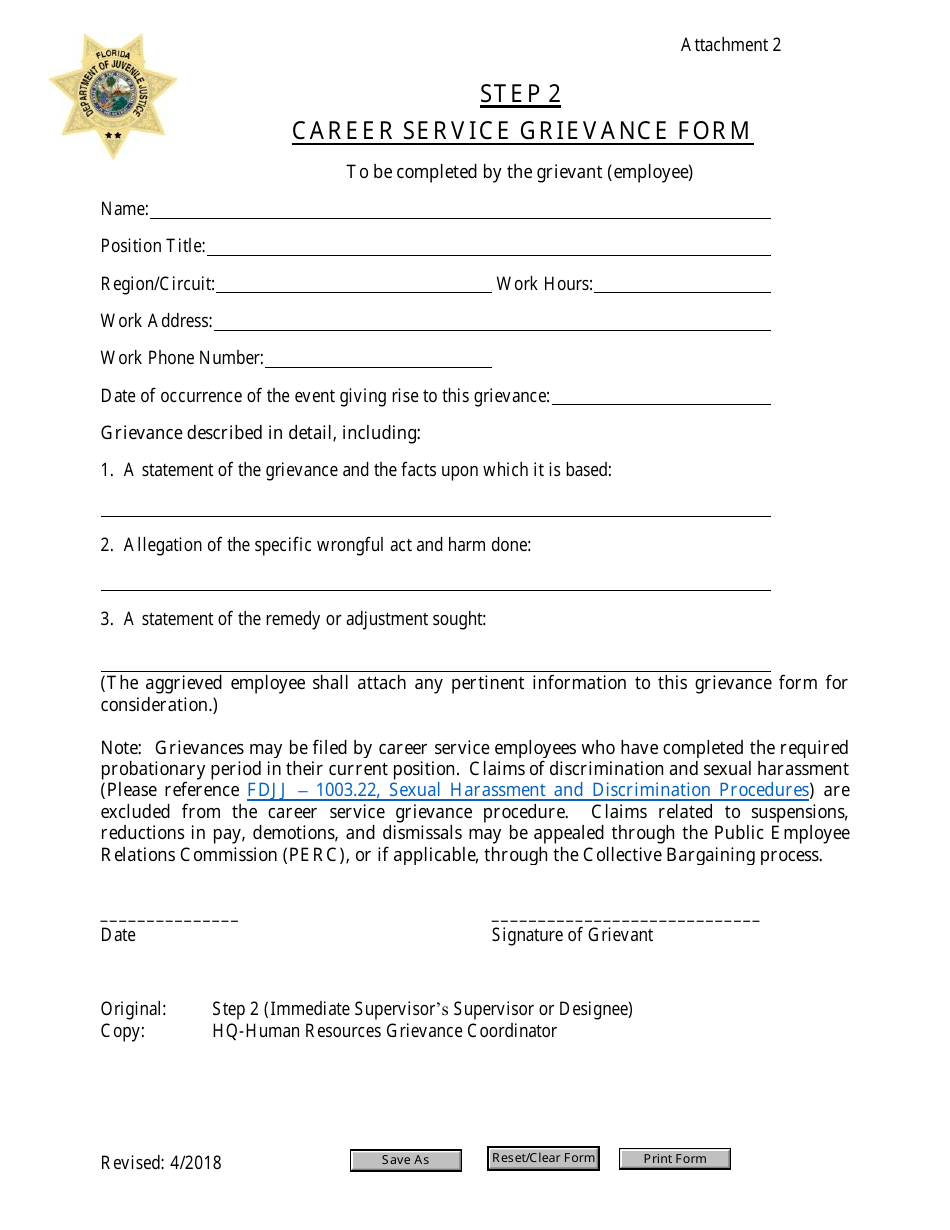 Attachment 2 Step 2 Career Service Grievance Form - Florida, Page 1