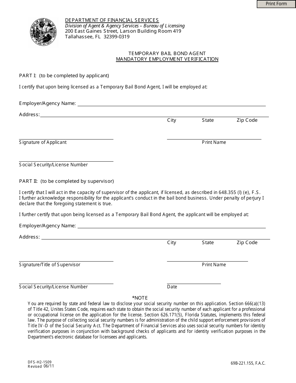 Form DFS-H2-1509 Temporary Bail Bond Agent Mandatory Employment Verification - Florida, Page 1