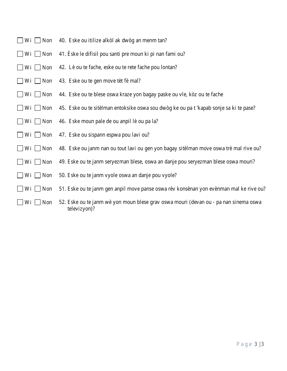 Substance Abuse and Mental Health Prelimary Screening M.a.y.s.i. Questionnaire Form - Florida (Creole), Page 3