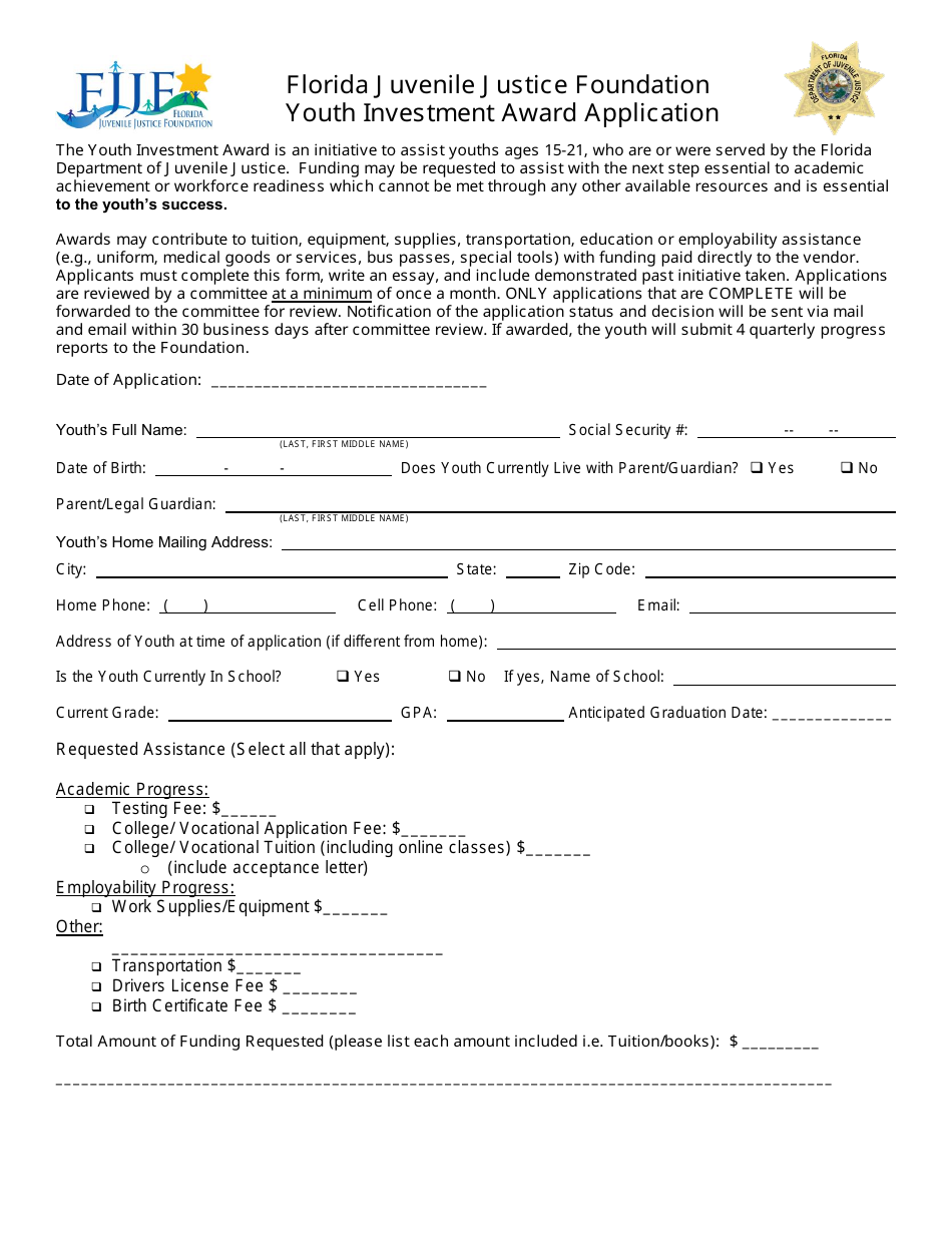 Florida Juvenile Justice Foundation Youth Investment Award Application Form - Florida, Page 1