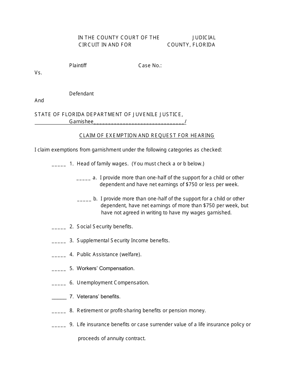 Claim of Exemption and Request for Hearing - Florida, Page 1