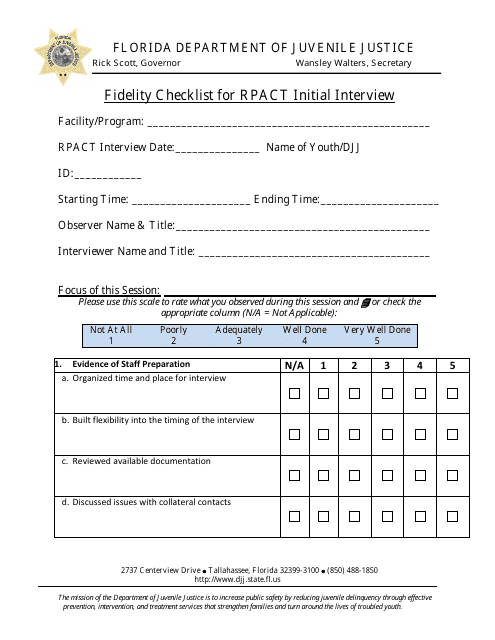 "Fidelity Checklist for Rpact Initial Interview" - Florida Download Pdf