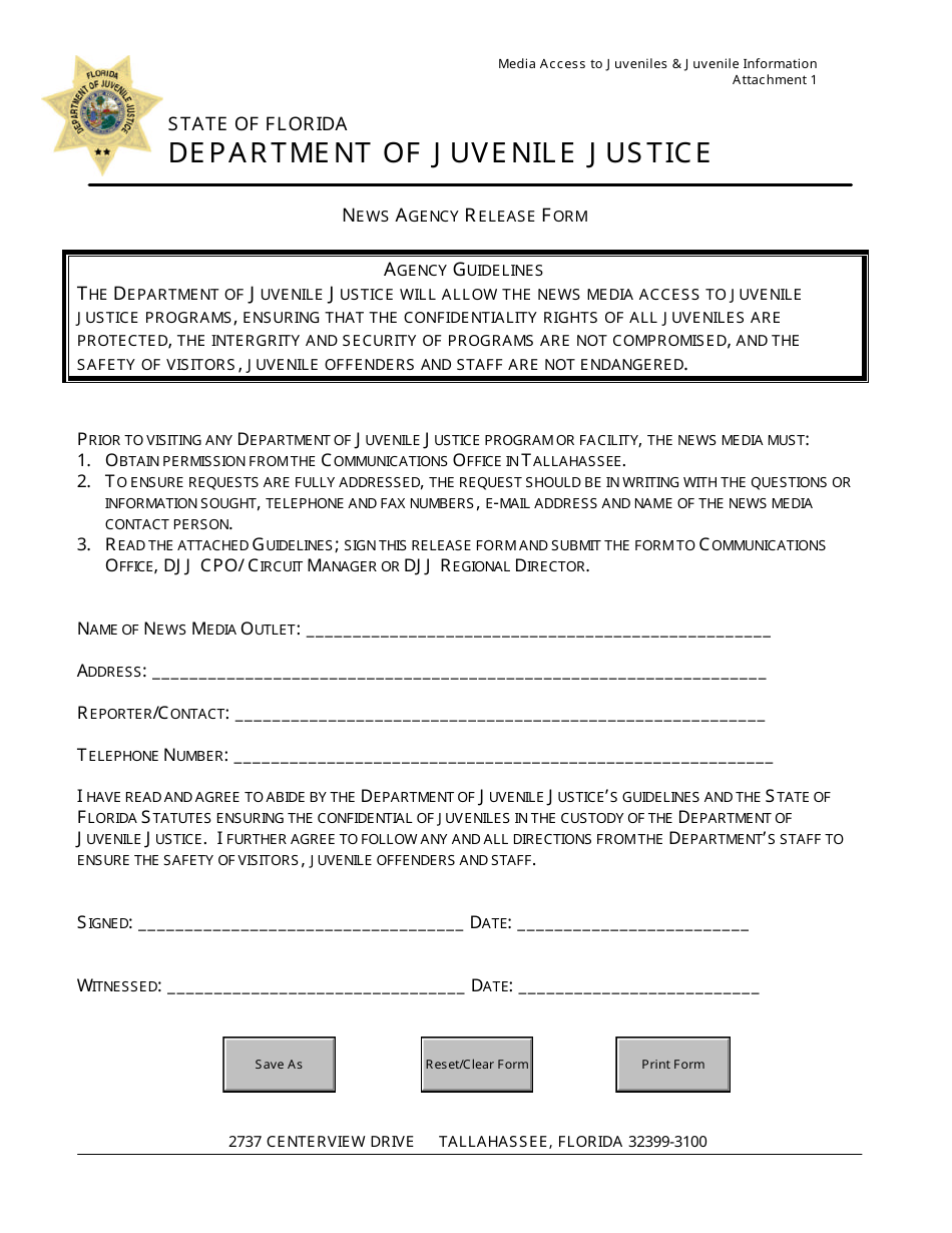 News Agency Release Form - Florida, Page 1