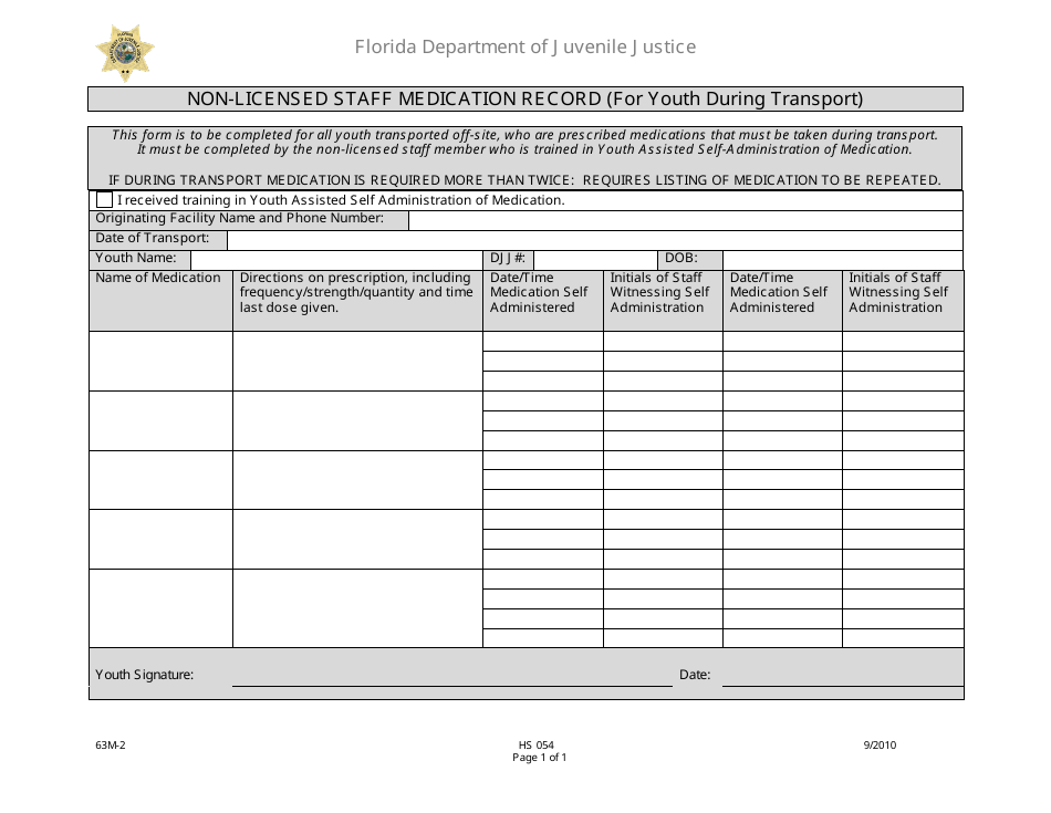 DJJ Form HS054 Non-licensed Staff Medication Record (For Youth During Transport) - Florida, Page 1