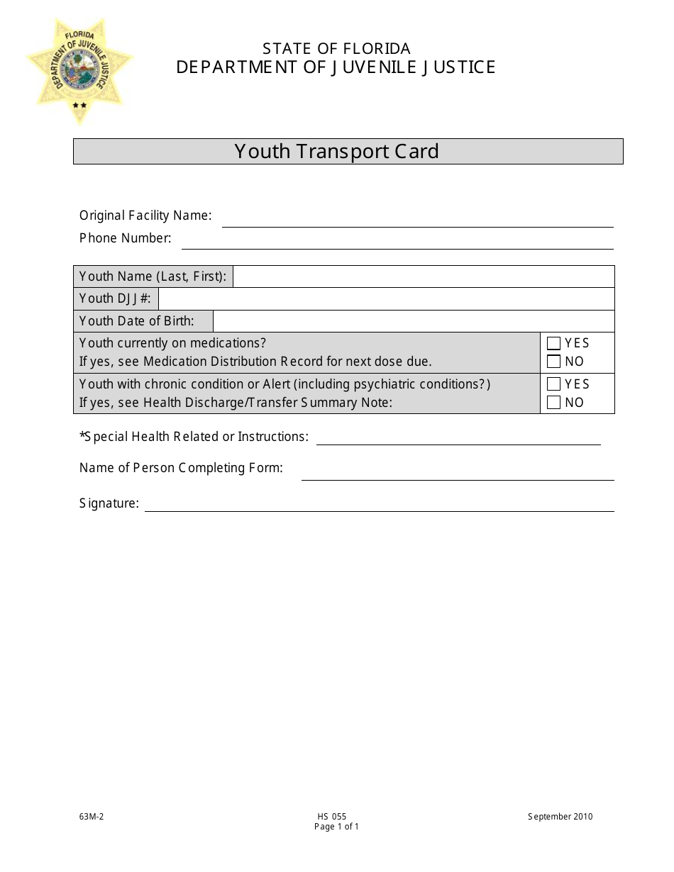 DJJ Form HS055 Youth Transport Card - Florida, Page 1