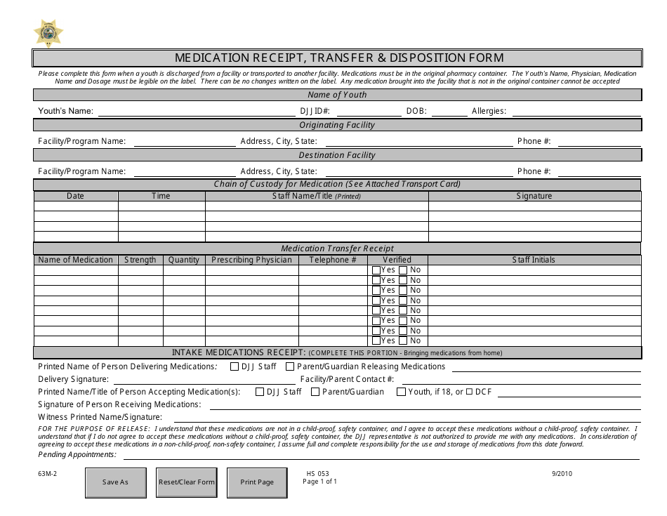 DJJ Form HS053 Medication Receipt, Transfer  Disposition Form - Florida, Page 1