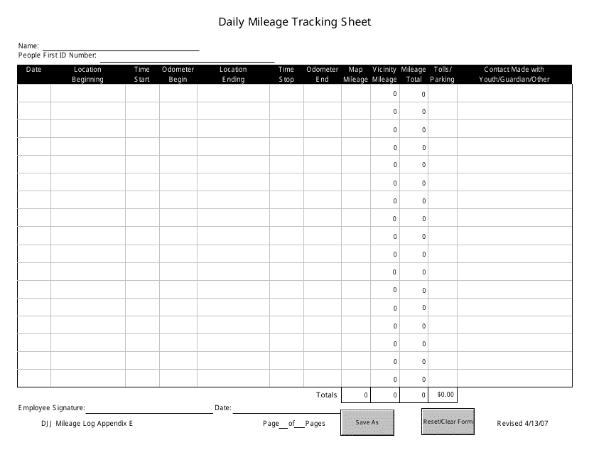 &quot;Daily Mileage Tracking Sheet&quot; - Florida Download Pdf