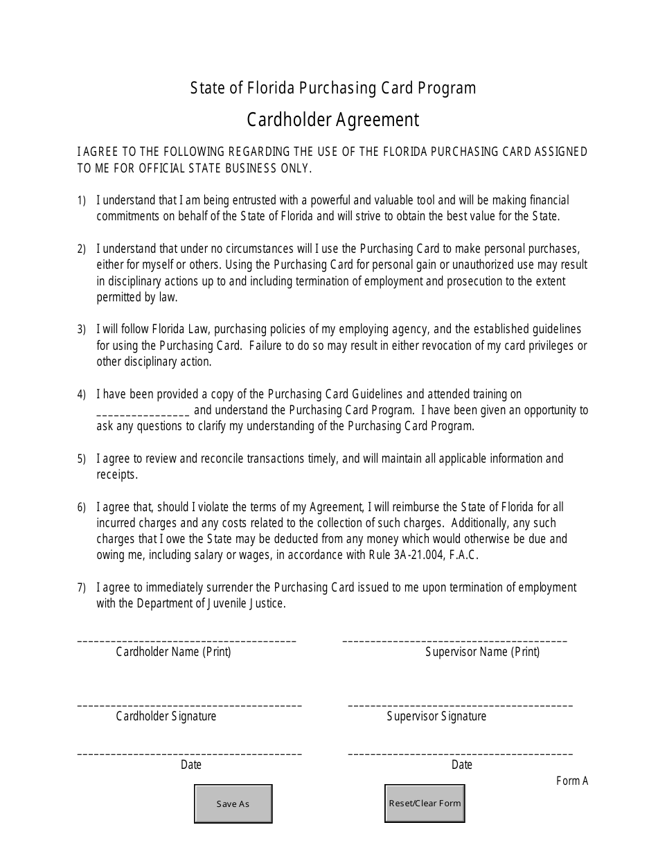 DJJ Form A Cardholder Agreement - State of Florida Purchasing Card Program - Florida, Page 1