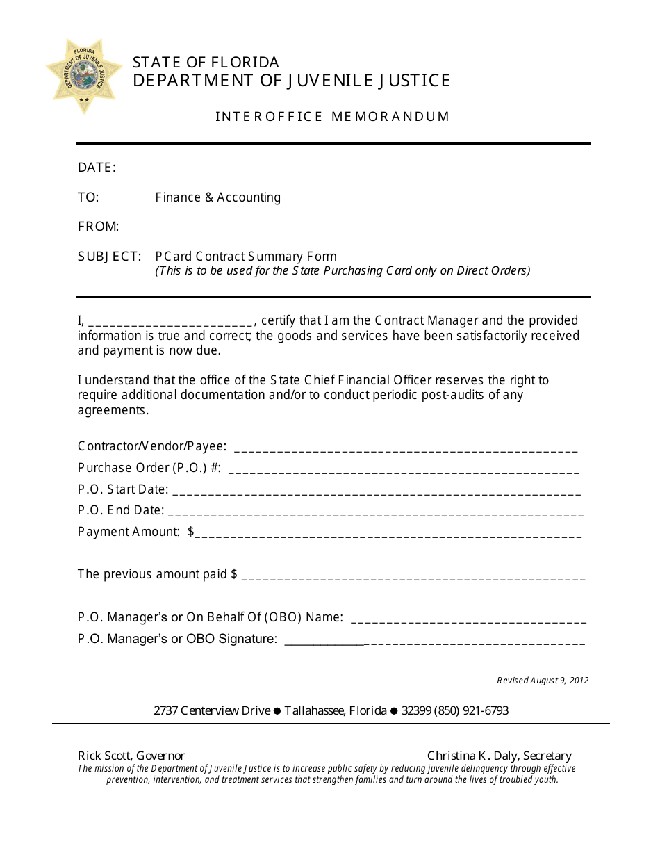 Pcard Contract Summary Form - Florida, Page 1