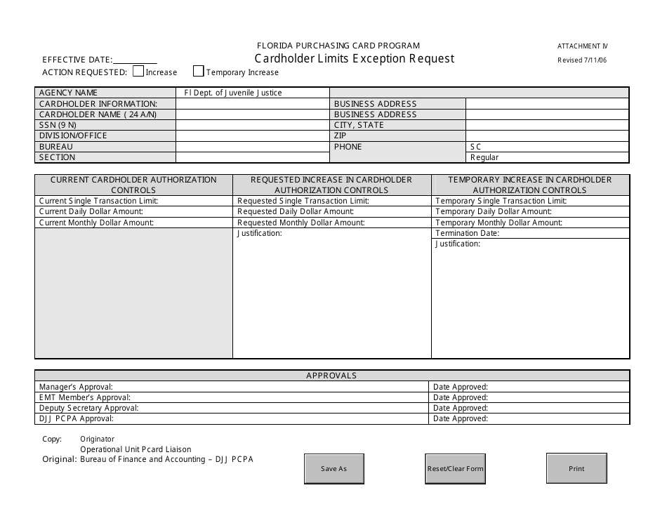 Cardholder Limits Exception Request Form - Florida Purchasing Card Program - Florida, Page 2