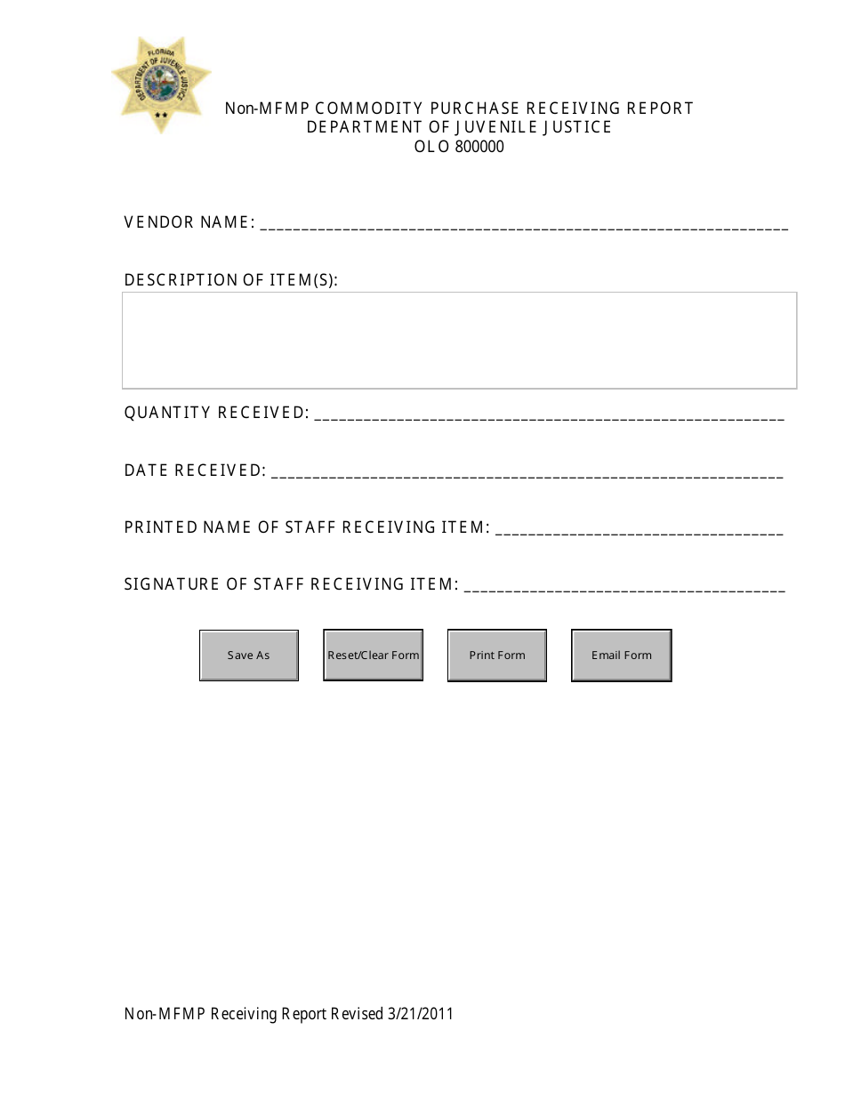 Non-mfmp Commodity Purchase Receiving Report Form - Florida, Page 1