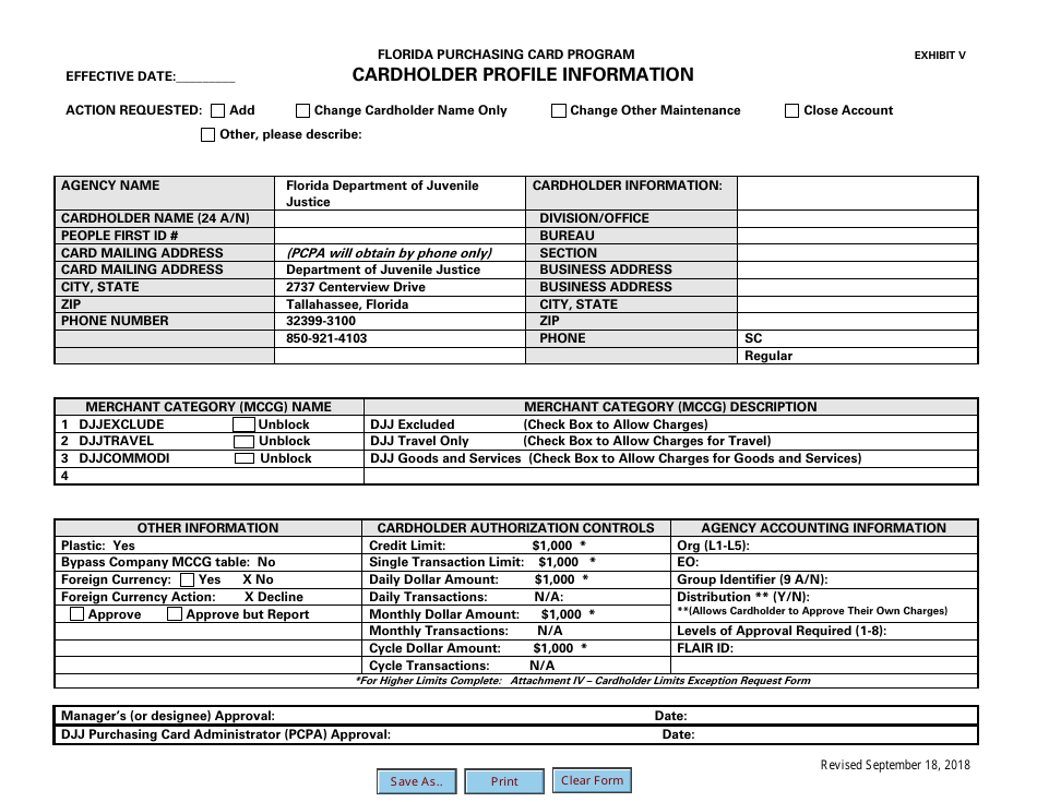 Cardholder Profile Information Form - Florida Purchasing Card Program - Florida, Page 2