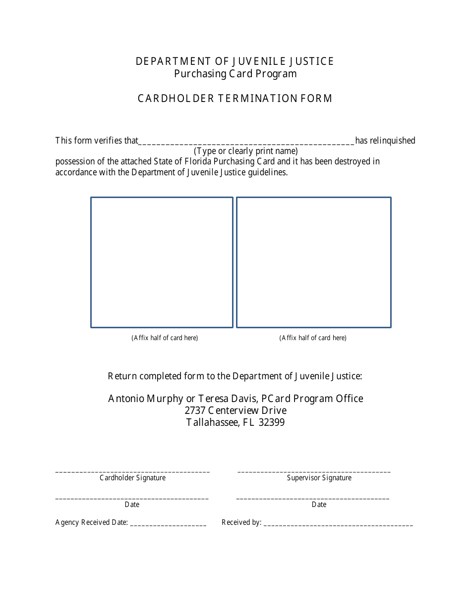 Cardholder Termination Form - Purchasing Card Program - Florida, Page 1