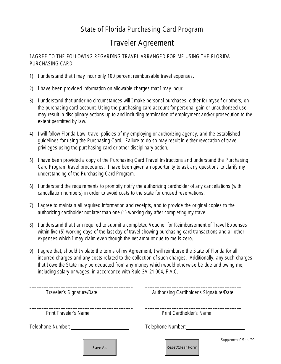 Traveler Agreement Form - Florida, Page 1
