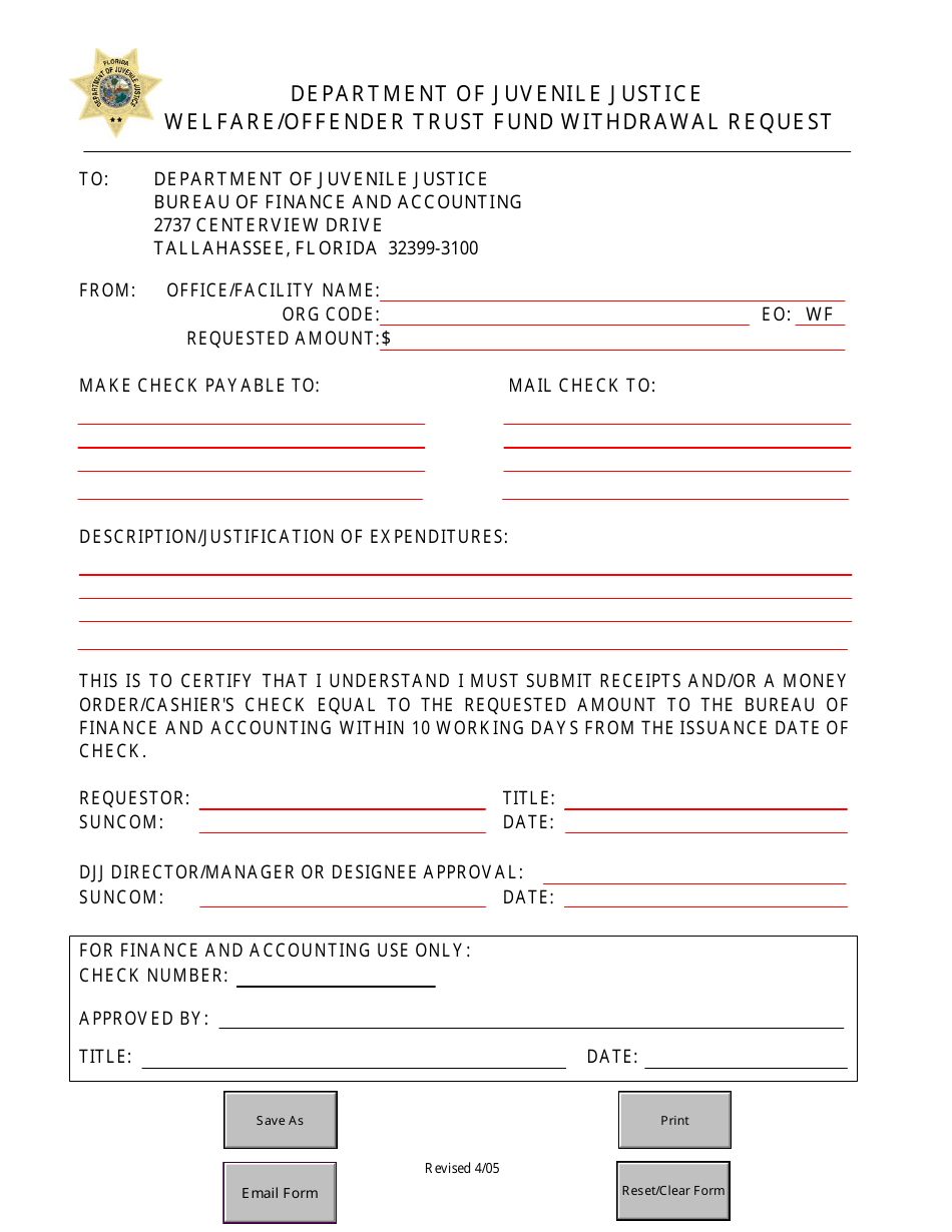 Welfare / Offender Trust Fund Withdrawal Request Form - Florida, Page 1