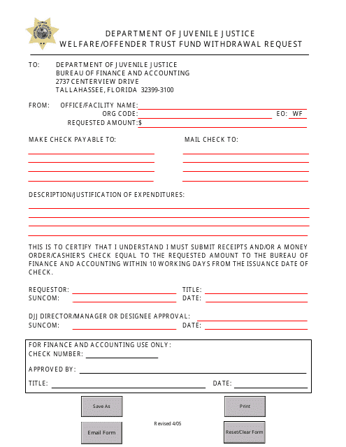 "Welfare/Offender Trust Fund Withdrawal Request Form" - Florida Download Pdf