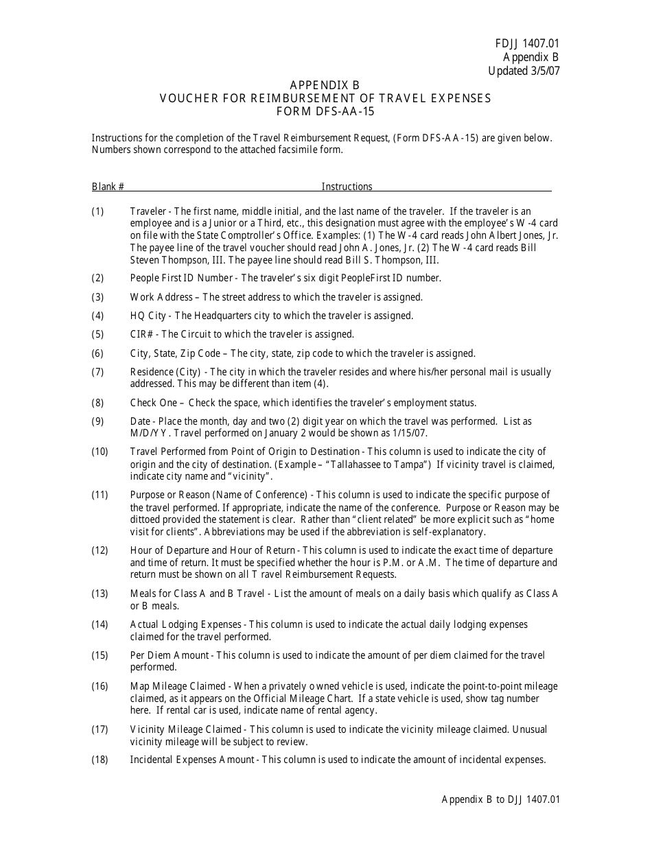 Instructions for DJJ Form DFS-AA-15 Voucher for Reimbursement of Travel Expenses - Florida, Page 1