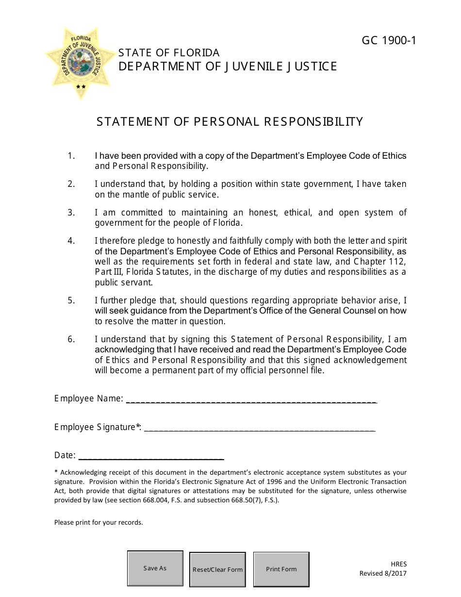 DJJ Form GC1900-1 Statement of Personal Responsibility - Florida, Page 1