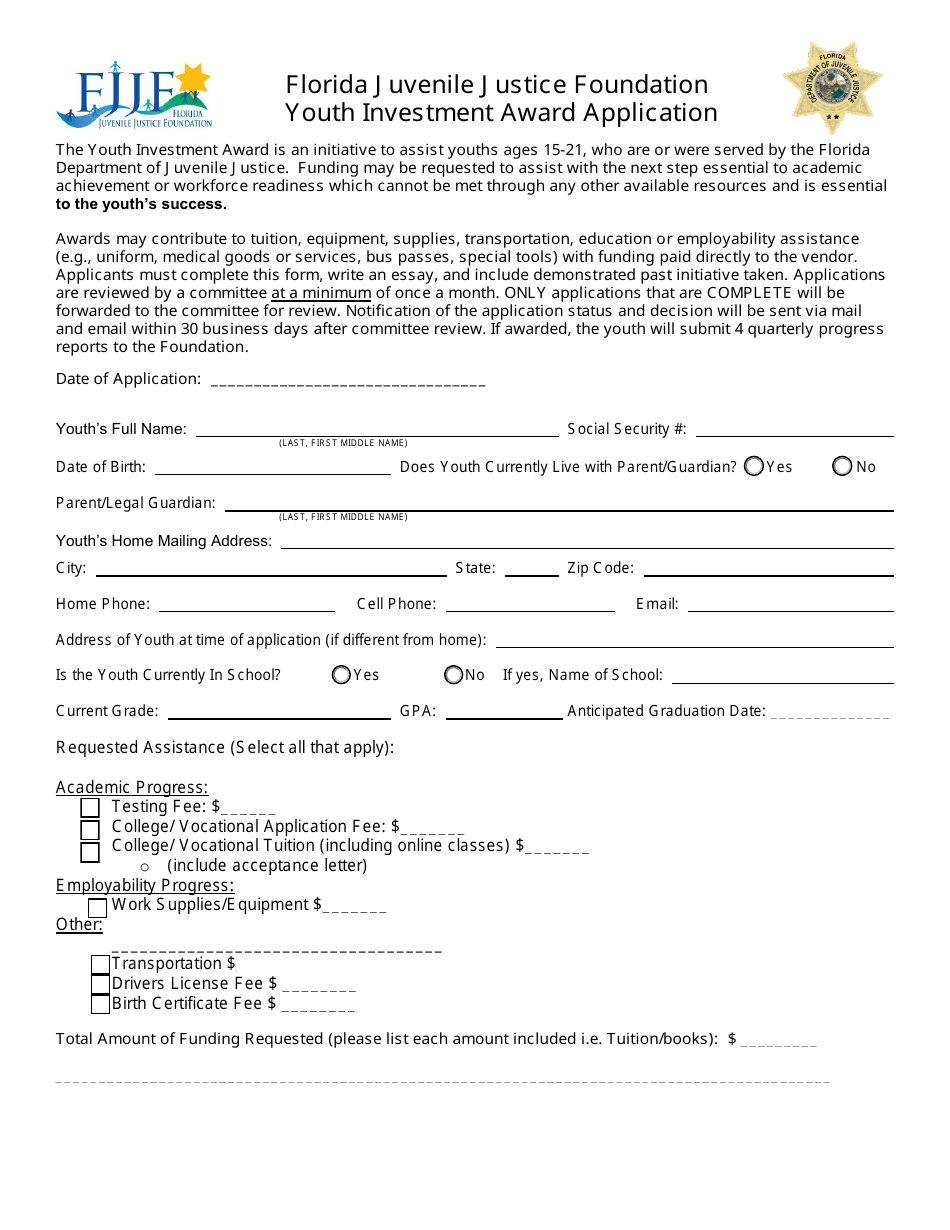 Youth Investment Award Application Form - Florida Juvenile Justice Foundation - Florida, Page 1