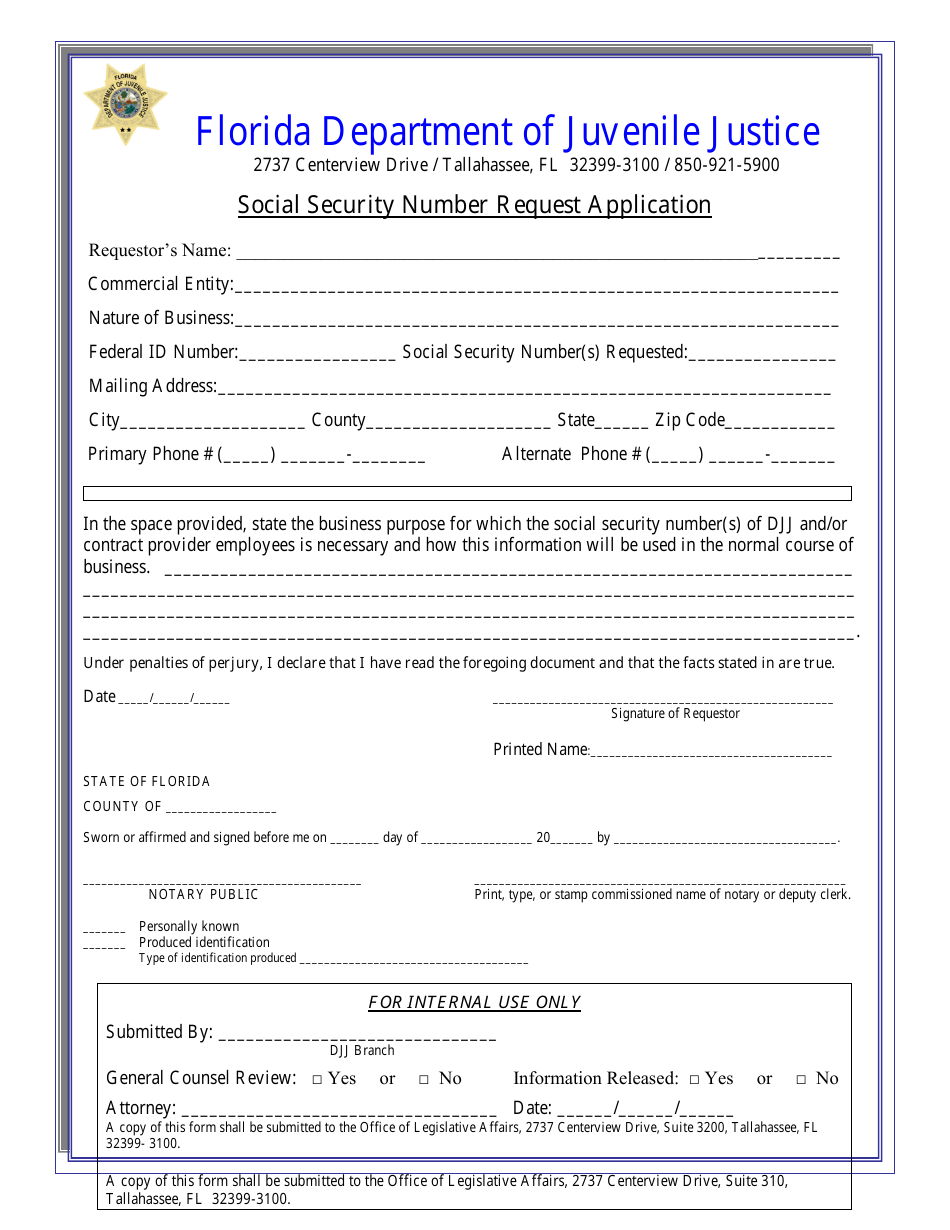 Social Security Number Request Application Form - Florida, Page 1