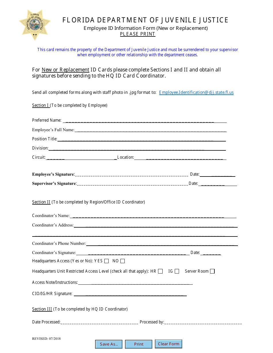 Employee Id Information Form (New or Replacement) - Florida, Page 1
