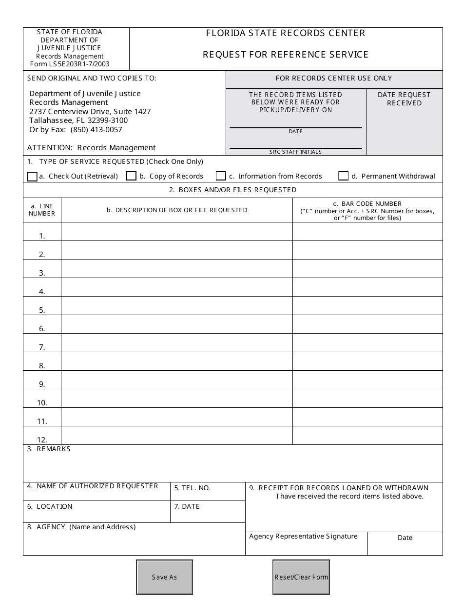 DJJ Form LS5E203 Request for Reference Service - Florida, Page 1