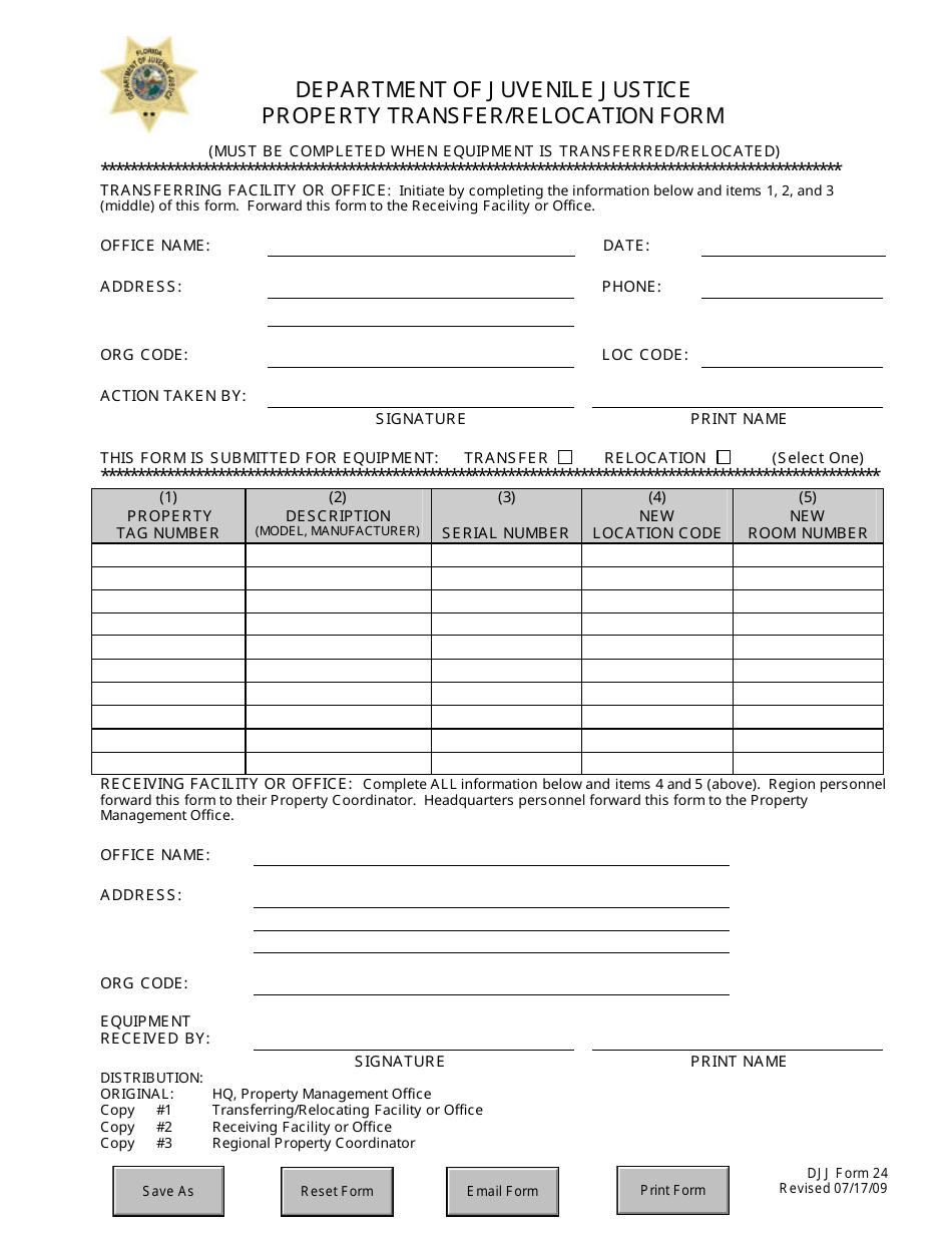 DJJ Form 24 Property Transfer / Relocation Form - Florida, Page 1