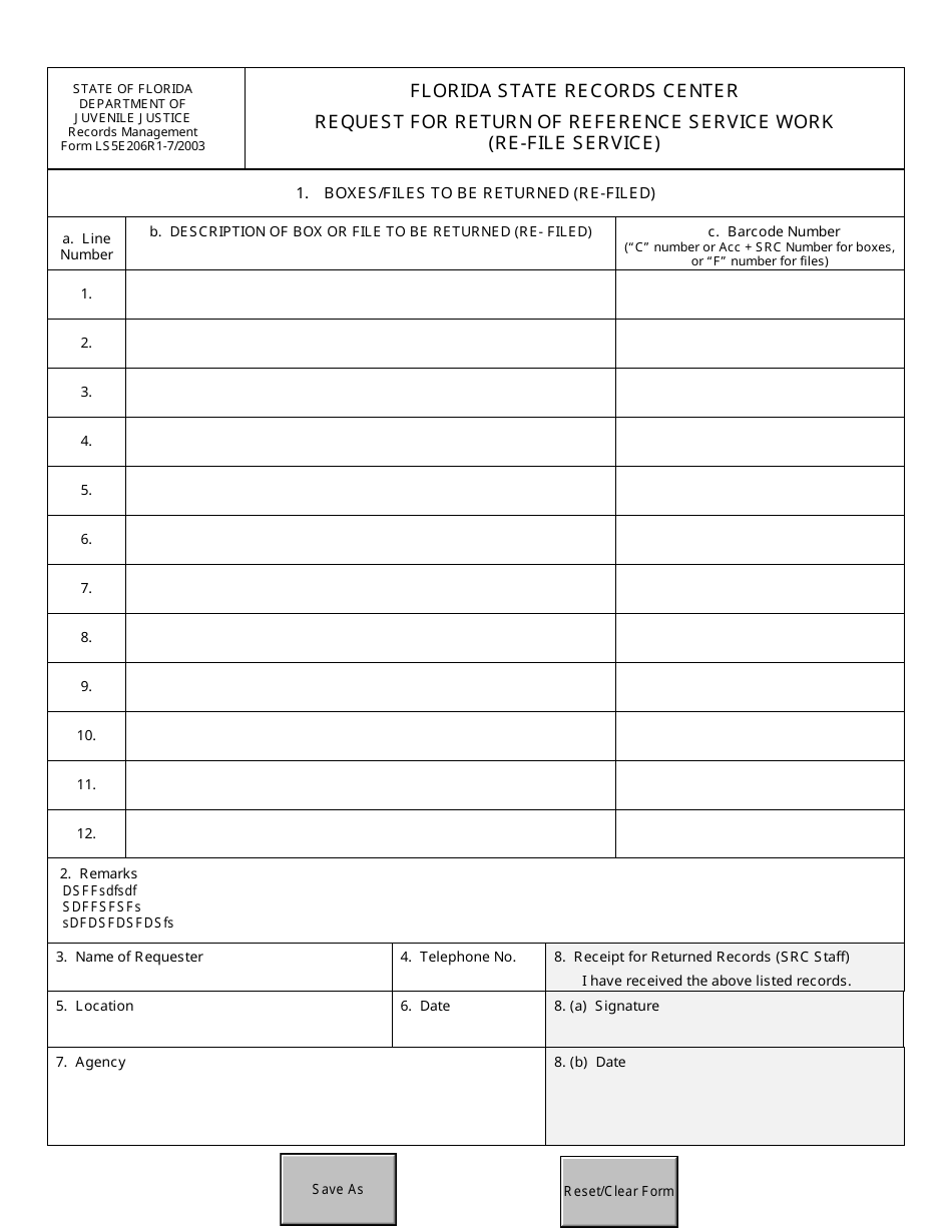 DJJ Form LS5E206 Request for Return of Reference Service Work (Re-file Service) - Florida, Page 1