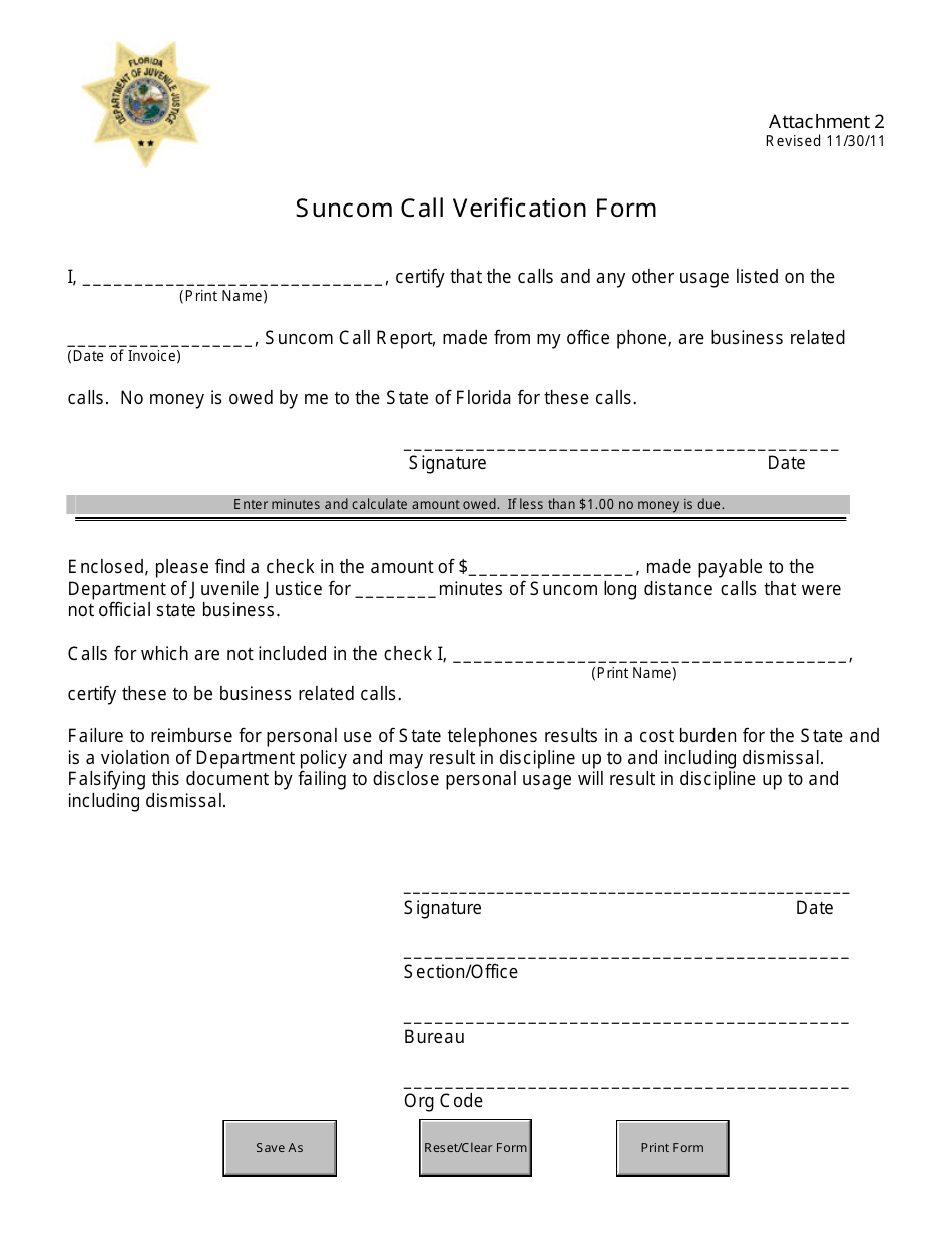 Attachment 2 Suncom Call Verification Form - Florida, Page 1