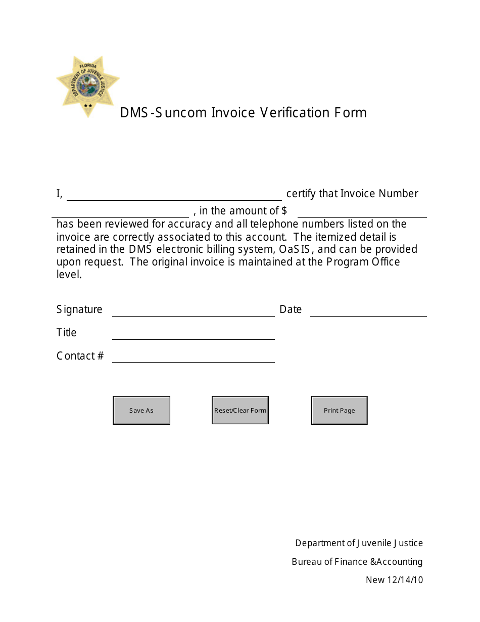 DMS-Suncom Invoice Verification Form - Florida, Page 1