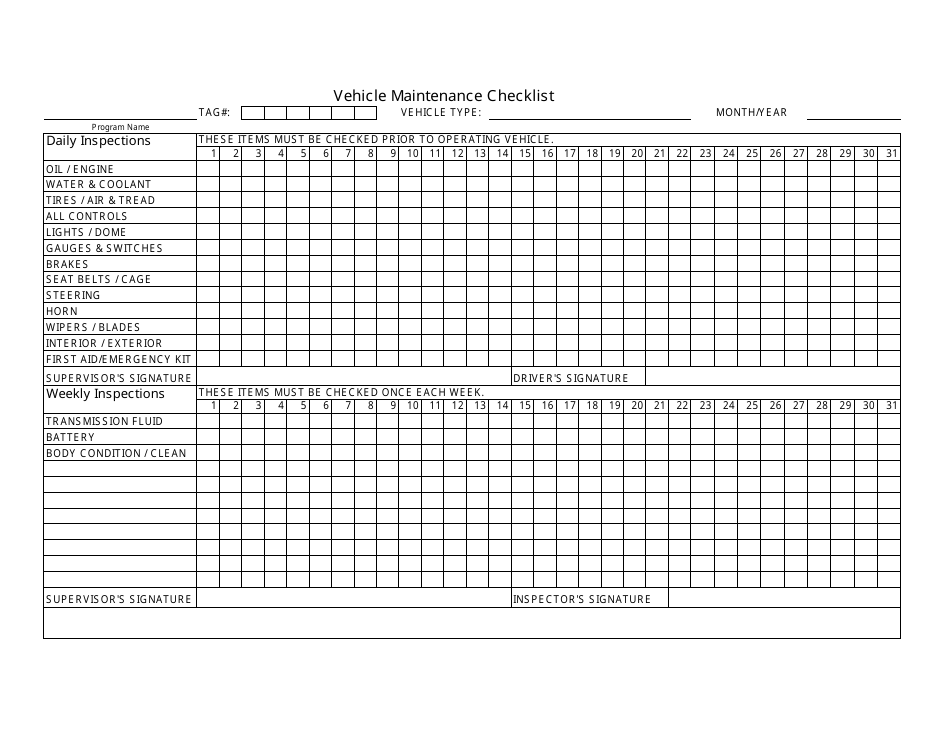 Vehicle Maintenance Checklist - Florida, Page 1
