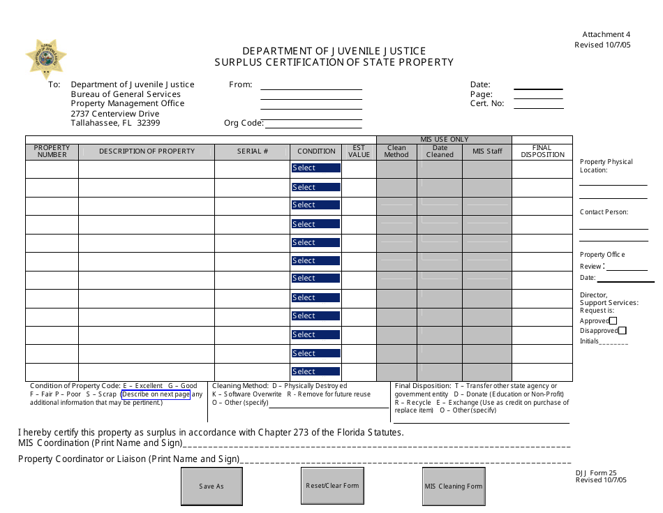 Florida Surplus Certification of State Property Fill Out, Sign Online
