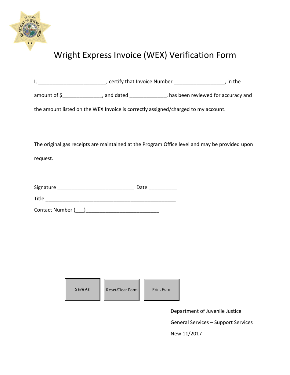 Wright Express Invoice (Wex) Verification Form - Florida, Page 1
