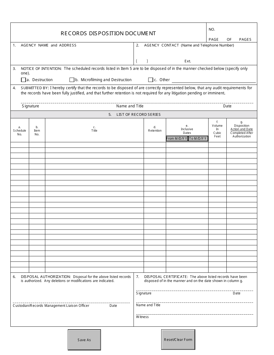 Records Disposition Document Form - Florida, Page 1