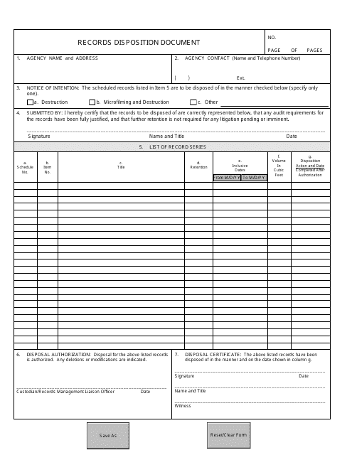 "Records Disposition Document Form" - Florida Download Pdf