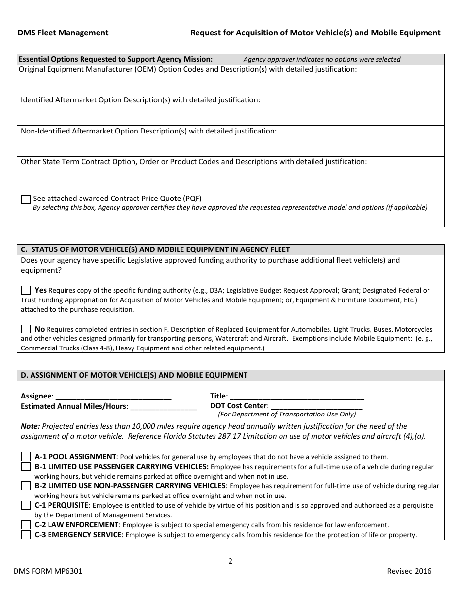 DMS Form MP6301 Request for Acquisition of Motor Vehicle(S) and Mobile Equipment - Florida, Page 2