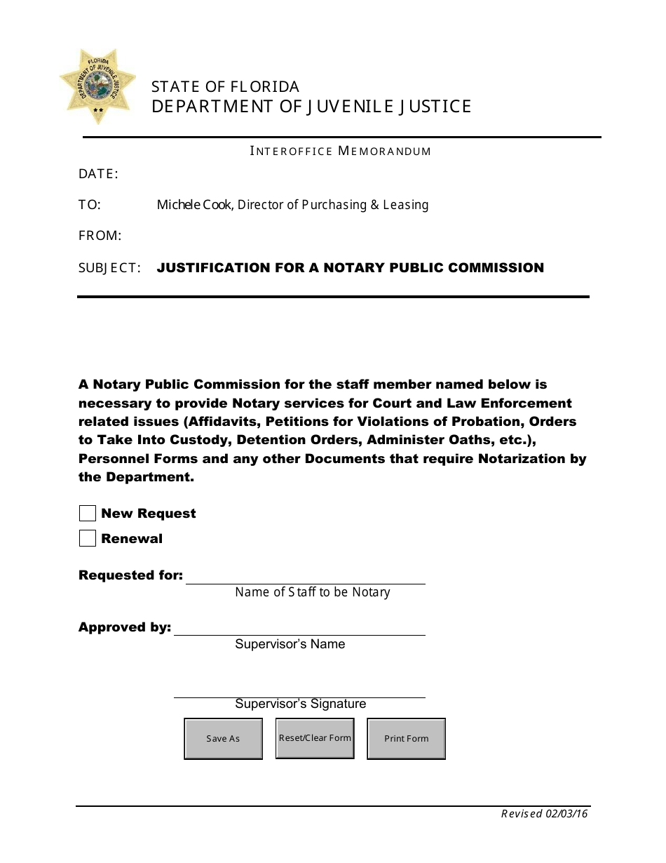 Notary Commission Justification Form - Florida, Page 1