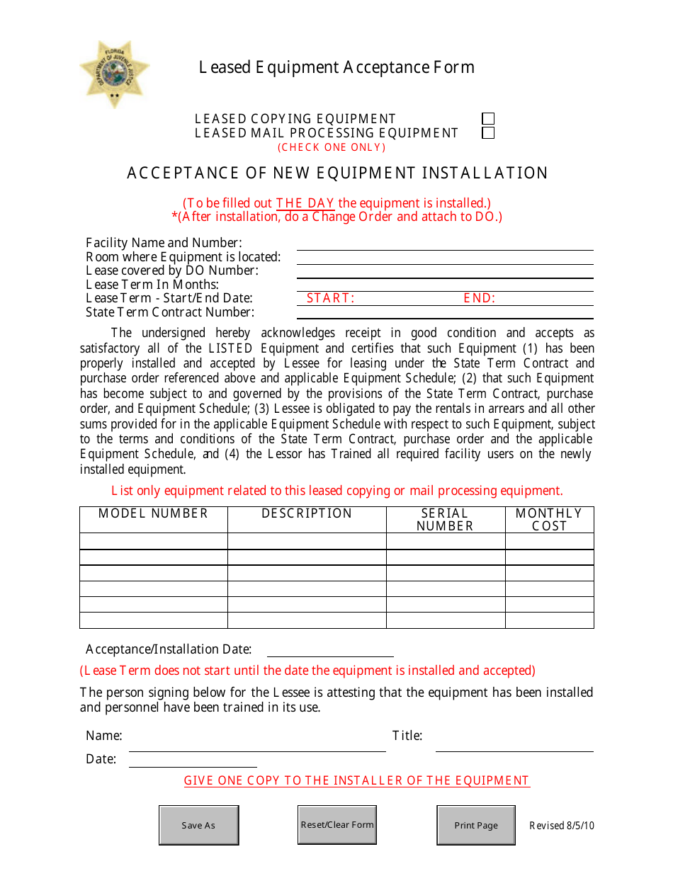 Leased Equipment Acceptance Form - Florida, Page 1