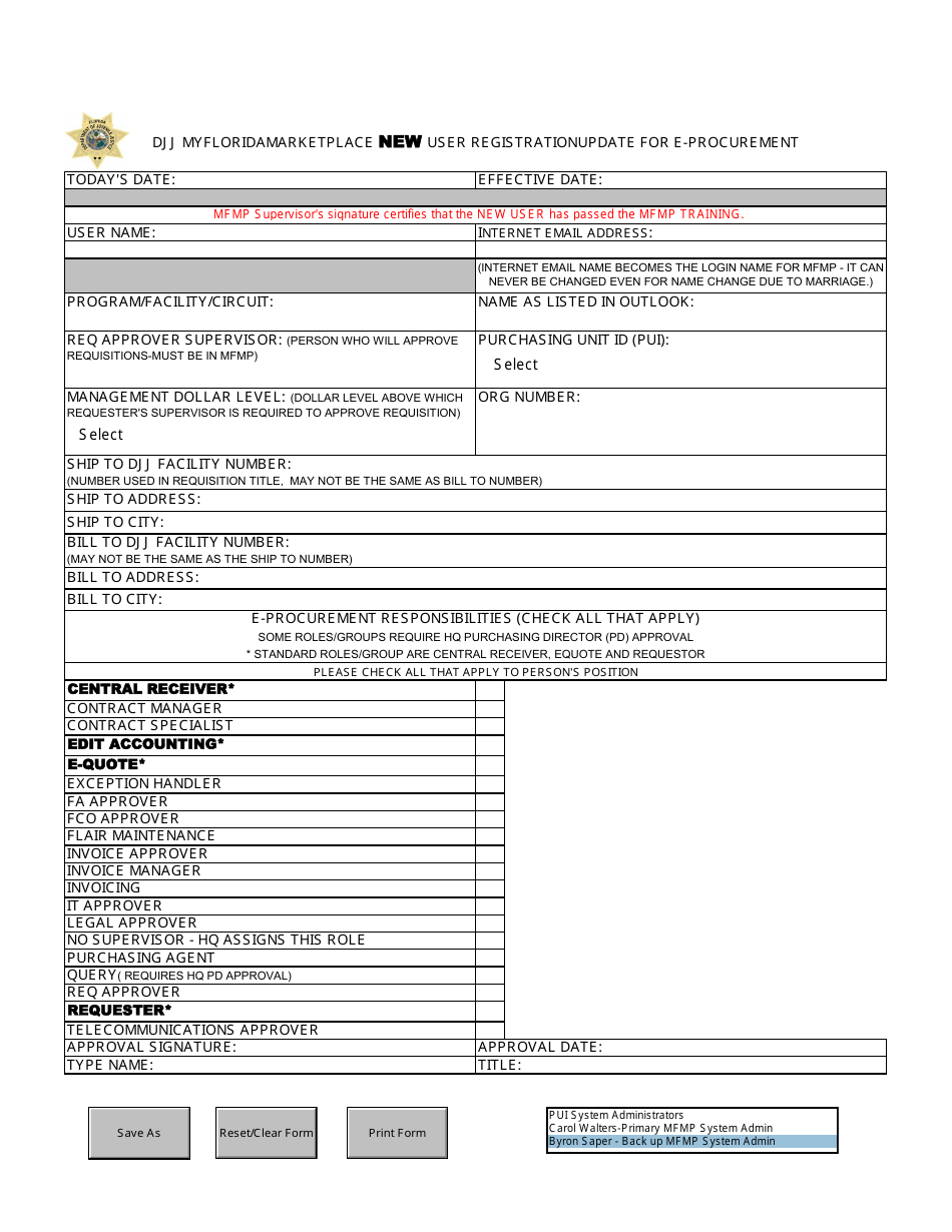 DJJ My Florida Marketplace New User Registration Update for E-Procurement - Florida, Page 1
