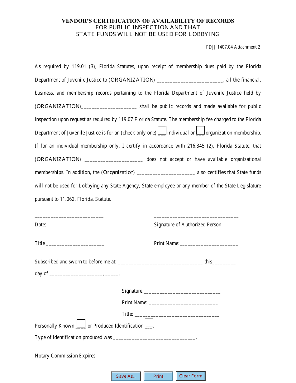Attachment 2 Vendors Certification of Availability of Records for Public Inspection and That State Funds Will Not Be Used for Lobbying - Florida, Page 1
