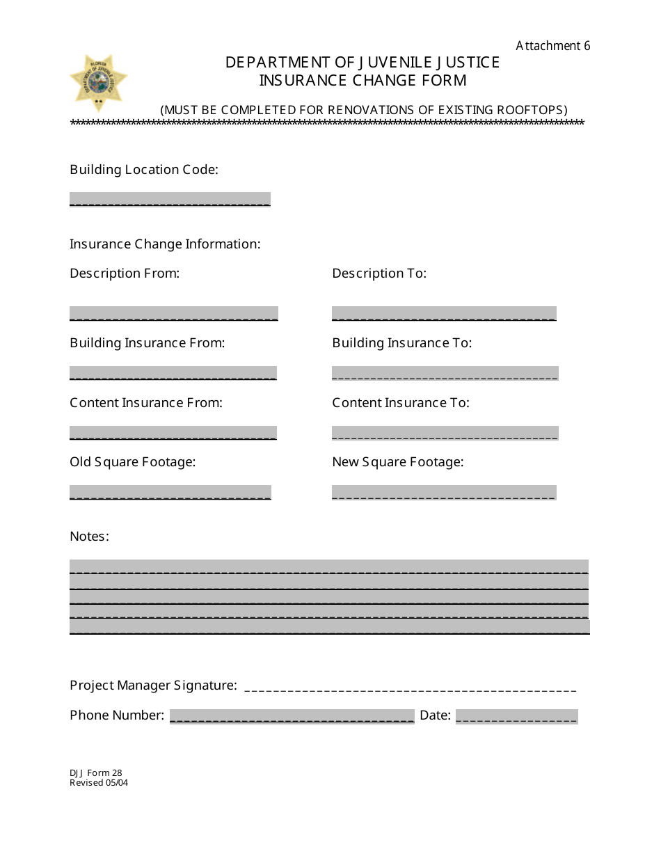 DJJ Form 28 Insurance Change Form - Florida, Page 1