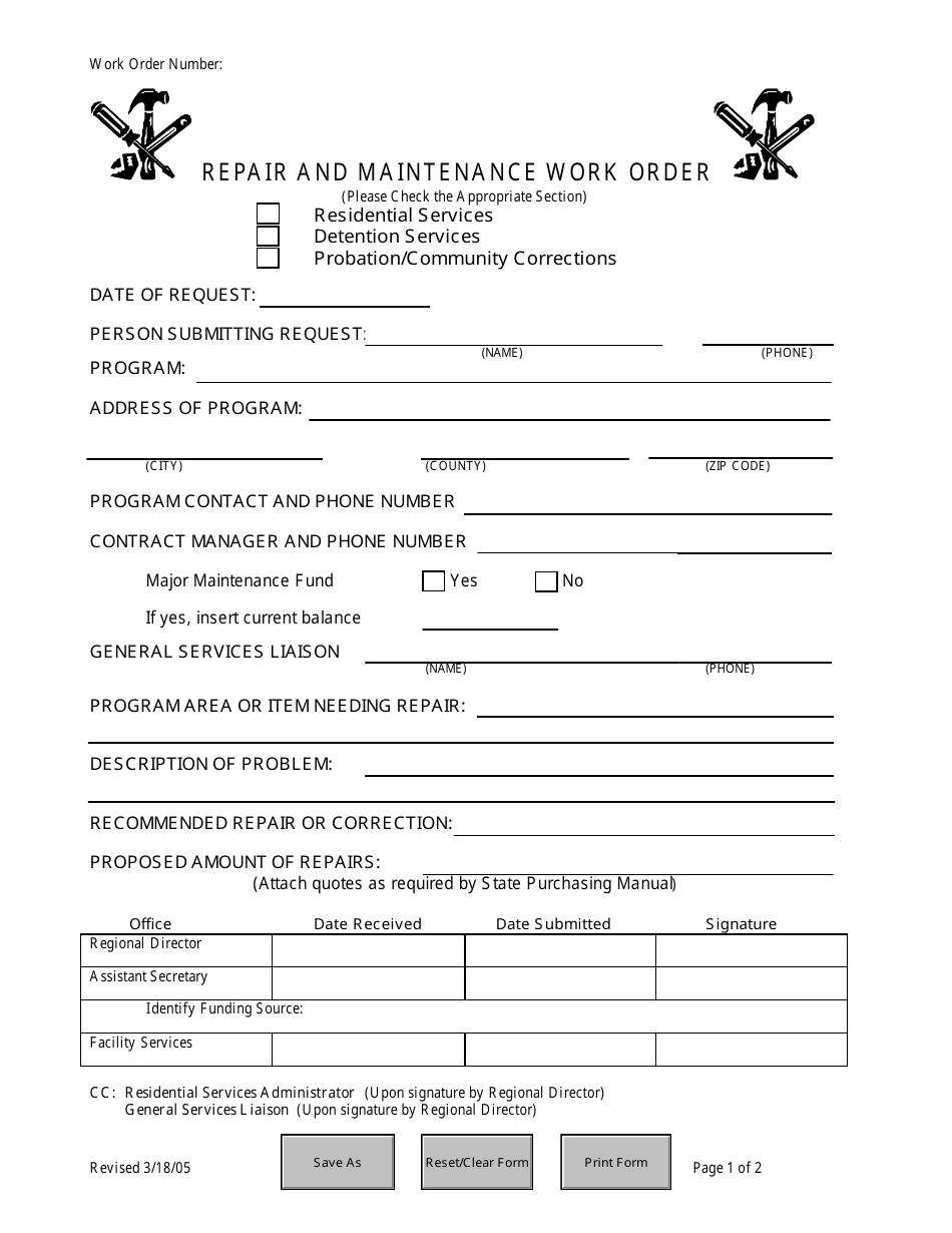 Repair and Maintenance Work Order Form - Florida, Page 1