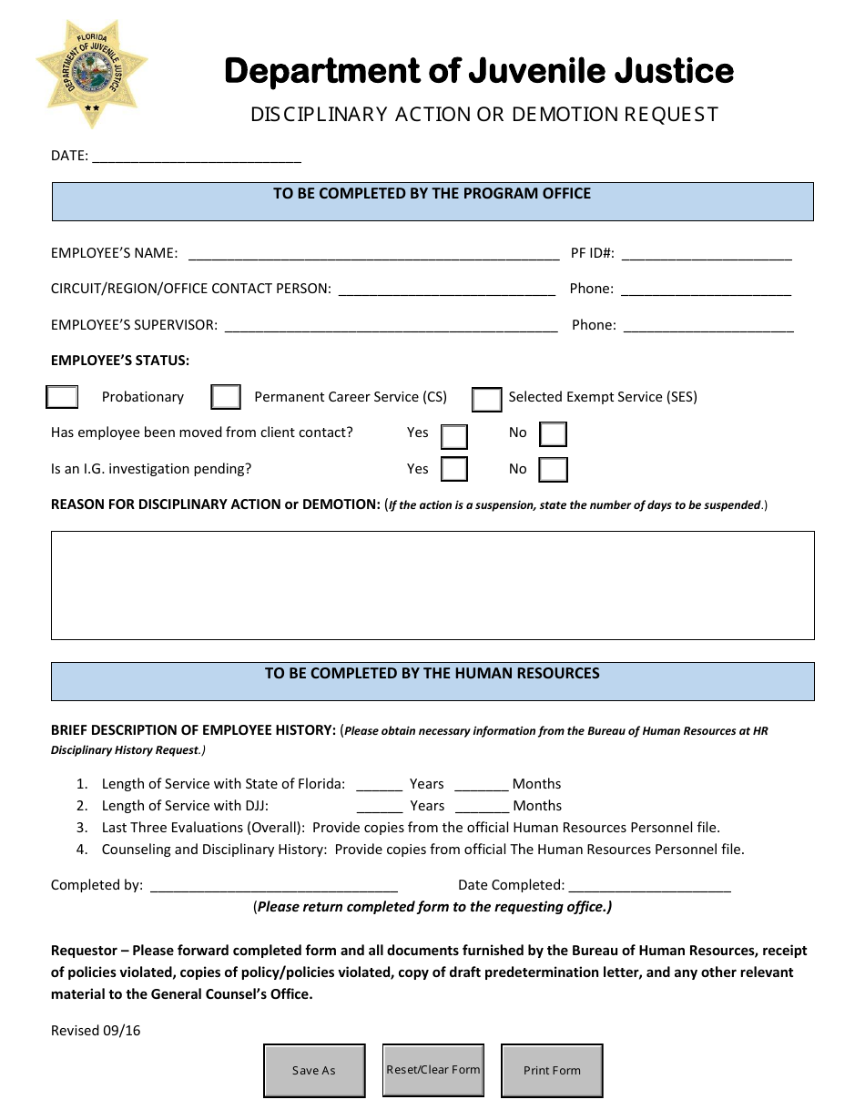 Disciplinary Action or Demotion Request Form - Florida, Page 1