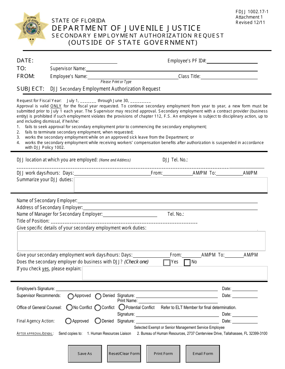 Secondary Employment Authorization Request Form (Outside of State Government) - Florida, Page 1