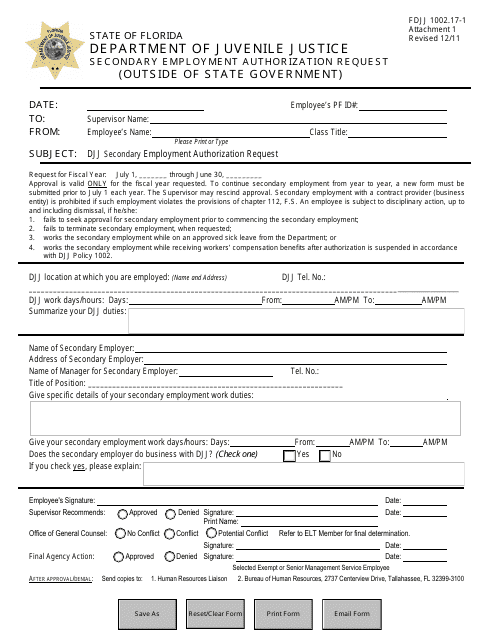 &quot;Secondary Employment Authorization Request Form (Outside of State Government)&quot; - Florida Download Pdf