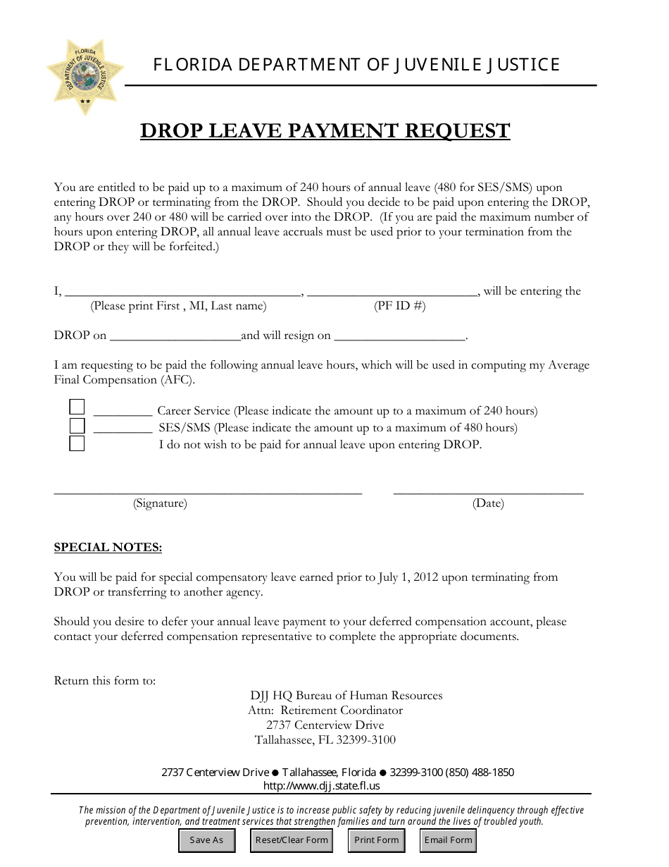 Drop Leave Payment Request Form - Florida, Page 1