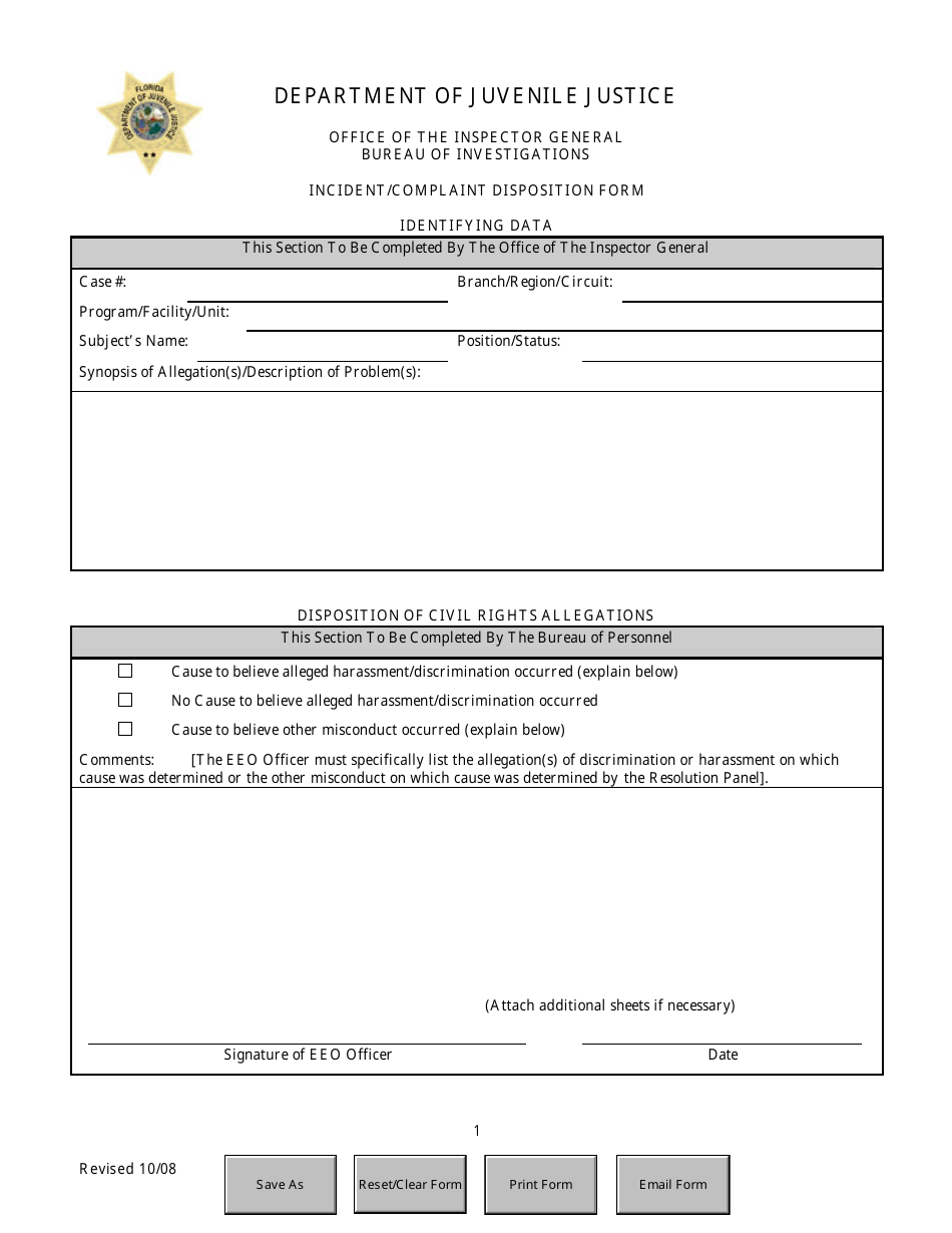Incident / Complaint Disposition Form - Florida, Page 1